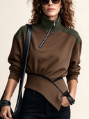 Women’s Vintage Color-Block Zip-Up Stand-Collar High Stretch Sweatshirt With A Fitted Waist ZMZ2662J0SWL