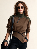 Women’s Vintage Color-Block Zip-Up Stand-Collar High Stretch Sweatshirt With A Fitted Waist ZMZ2662J0SWL
