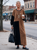 Women’s American Vintage Style Brown And Black Colorblock Velvet Suede Maxi Dress With Balloon Sleeves ZMZ2640J0ZYY