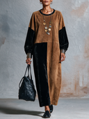 Women’s American Vintage Style Brown And Black Colorblock Velvet Suede Maxi Dress With Balloon Sleeves ZMZ2640J0ZYY