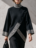 Women’s American Vintage Style Black Key Trim Mock Neck Asymmetric Hem Knit Sweater ZMZ2665J6ZYY