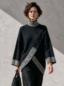 Women’s American Vintage Style Black Key Trim Mock Neck Asymmetric Hem Knit Sweater ZMZ2665J6ZYY