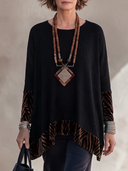 Women’s American Vintage Style Black Ribbed Knit Pullover Long Sleeve T-Shirt With Velvet Print Cuffs And Hem ZMZ2648J3ZYY