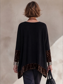 Women’s American Vintage Style Black Ribbed Knit Pullover Long Sleeve T-Shirt With Velvet Print Cuffs And Hem ZMZ2648J3ZYY