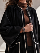 Women’s American Vintage Style Black Velvet Longline Coat With White Contrast Piping ZMZ2654J7ZYY