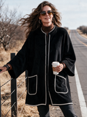 Women’s American Vintage Style Black Velvet Longline Coat With White Contrast Piping ZMZ2654J7ZYY