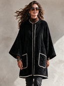 Women’s American Vintage Style Black Velvet Longline Coat With White Contrast Piping ZMZ2654J7ZYY