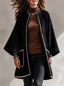 Women’s American Vintage Style Black Velvet Longline Coat With White Contrast Piping ZMZ2654J7ZYY