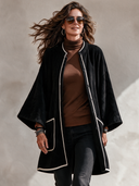 Women’s American Vintage Style Black Velvet Longline Coat With White Contrast Piping ZMZ2654J7ZYY