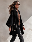 Women’s American Vintage Style Black Velvet Longline Coat With White Contrast Piping ZMZ2654J7ZYY