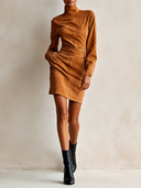 Women’s Vintage-Style Camel Faux Suede Mock-Neck Long-Sleeve Mini Dress ZMZ2655J8XT