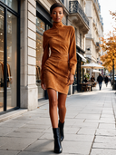 Women’s Vintage-Style Camel Faux Suede Mock-Neck Long-Sleeve Mini Dress ZMZ2655J8XT