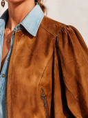 Women's Retro Casual Brown Faux Suede Zipper Puff Sleeve Jacket ZMZ2685J3XT