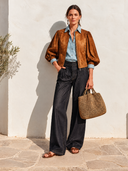 Women's Retro Casual Brown Faux Suede Zipper Puff Sleeve Jacket ZMZ2685J3XT