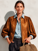 Women's Retro Casual Brown Faux Suede Zipper Puff Sleeve Jacket ZMZ2685J3XT