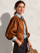 Women's Retro Casual Brown Faux Suede Zipper Puff Sleeve Jacket ZMZ2685J3XT