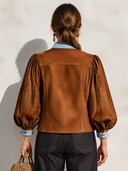 Women's Retro Casual Brown Faux Suede Zipper Puff Sleeve Jacket ZMZ2685J3XT