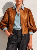 Women's Retro Casual Brown Faux Suede Zipper Puff Sleeve Jacket ZMZ2685J3XT