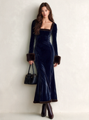 Women’s Vintage-style Navy Blue Velvet Slim-fit Long-sleeve Dress With Faux Fur Trim ZMZ2791J9SWL