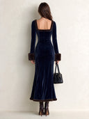 Women’s Vintage-style Navy Blue Velvet Slim-fit Long-sleeve Dress With Faux Fur Trim ZMZ2791J9SWL