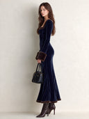 Women’s Vintage-style Navy Blue Velvet Slim-fit Long-sleeve Dress With Faux Fur Trim ZMZ2791J9SWL
