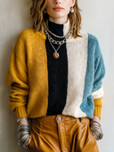 Women's Fashionable Color-Block Stand-Collar Pullover Knit Sweater ZMZ2789J7SWL
