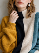 Women's Fashionable Color-Block Stand-Collar Pullover Knit Sweater ZMZ2789J7SWL