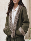 Women's Vintage Style Olive Green Fuzzy Trim Knit Cardigan ZMZ2762J4YZH