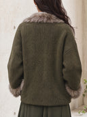 Women's Vintage Style Olive Green Fuzzy Trim Knit Cardigan ZMZ2762J4YZH