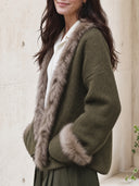 Women's Vintage Style Olive Green Fuzzy Trim Knit Cardigan ZMZ2762J4YZH