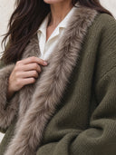 Women's Vintage Style Olive Green Fuzzy Trim Knit Cardigan ZMZ2762J4YZH