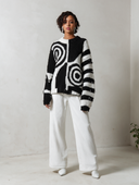 Women's Oversized Black And White Spiral Fringe Knit Sweater ZMZ2778J8YZH