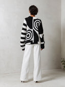 Women's Oversized Black And White Spiral Fringe Knit Sweater ZMZ2778J8YZH