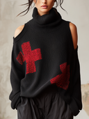 Women's Black Cold-Shoulder Turtleneck Sweater With Red Cross Graphic ZMZ2788J4YZH
