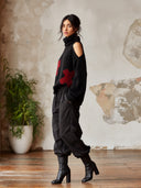 Women's Black Cold-Shoulder Turtleneck Sweater With Red Cross Graphic ZMZ2788J4YZH