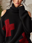 Women's Black Cold-Shoulder Turtleneck Sweater With Red Cross Graphic ZMZ2788J4YZH