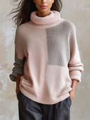 Women's Pink And Gray Colorblock Turtleneck Knit Sweater ZMZ2763J1YZH