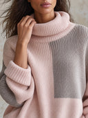 Women's Pink And Gray Colorblock Turtleneck Knit Sweater ZMZ2763J1YZH