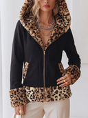 Women's Oversized Black Zip-Up Hoodie With Leopard Print Hood Lining And Cuffs ZMZ2702J2YZH