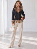 Women's Oversized Black Zip-Up Hoodie With Leopard Print Hood Lining And Cuffs ZMZ2702J2YZH