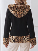 Women's Oversized Black Zip-Up Hoodie With Leopard Print Hood Lining And Cuffs ZMZ2702J2YZH