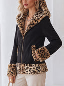 Women's Oversized Black Zip-Up Hoodie With Leopard Print Hood Lining And Cuffs ZMZ2702J2YZH