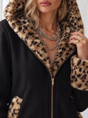 Women's Oversized Black Zip-Up Hoodie With Leopard Print Hood Lining And Cuffs ZMZ2702J2YZH