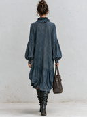 Women's French-style Gray-blue Ruffled V-neck Lantern Sleeve Drop Waist Midi Dress ZMZ2739J6XT