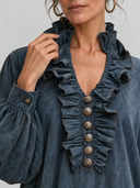 Women's French-style Gray-blue Ruffled V-neck Lantern Sleeve Drop Waist Midi Dress ZMZ2739J6XT
