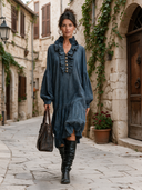Women's French-style Gray-blue Ruffled V-neck Lantern Sleeve Drop Waist Midi Dress ZMZ2739J6XT