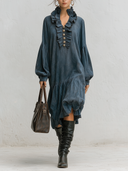 Women's French-style Gray-blue Ruffled V-neck Lantern Sleeve Drop Waist Midi Dress ZMZ2739J6XT