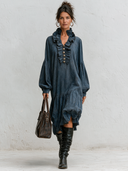Women's French-style Gray-blue Ruffled V-neck Lantern Sleeve Drop Waist Midi Dress ZMZ2739J6XT