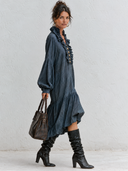 Women's French-style Gray-blue Ruffled V-neck Lantern Sleeve Drop Waist Midi Dress ZMZ2739J6XT