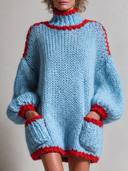 Women’s Casual, Loose-fit, Light Blue, Chunky-knit Turtleneck Sweater Mini Dress ZMZ2782J9XT
